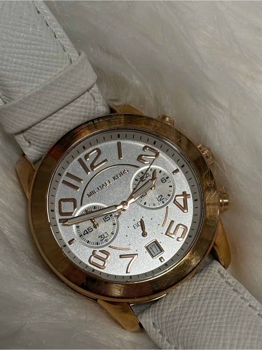 Michael Kors White Leather Strap Watch with Gold Case